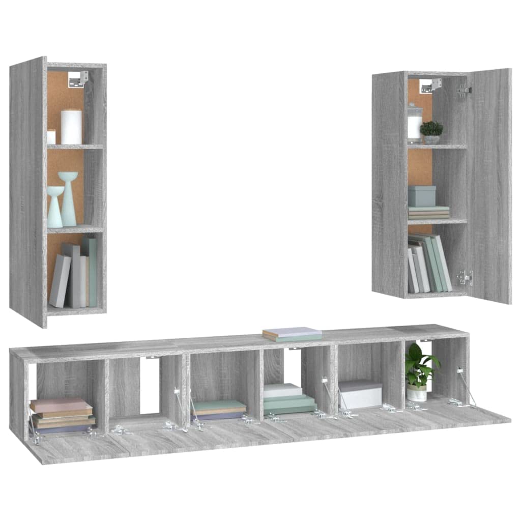 5-TLG. TV-Schrank-Set Grau Sonoma Holzwerkstoff, Hängendes Lowboard für Wohnzimmer, Modernes Media-Center mit Viel Stauraum, Robust & Feuchtigkeitsbeständig