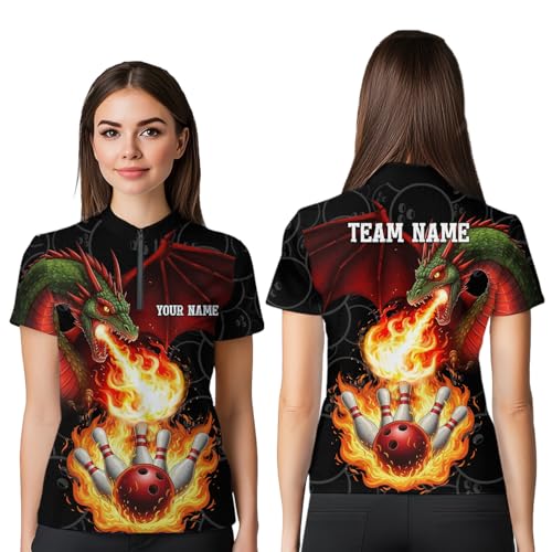 PIONAMZIOZ Flaming Dragon Bowling Shirt Custom Bowling Jerseys Men Women Team Bowling Polo Shirts & Bowling Quarter Zip (US, Alpha, Small, 5X-Large, Regular, Regular, Women Quarter Zip)