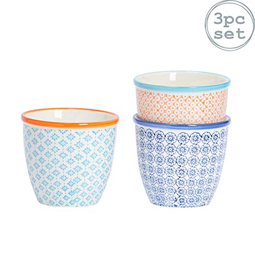 Nicola Spring 3 Piece Hand-Printed Plant Pot Set - Porcelain Indoor Outdoor Flower Pot - 3 Colours - 14 x 12.5cm