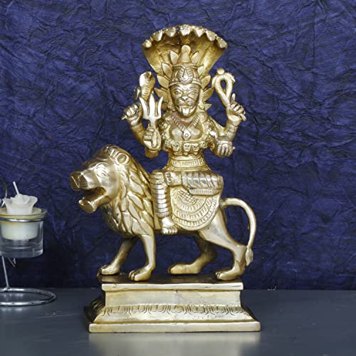 ARTVARKO Goddess Narashimhika Pratyangira Atharvana Bhadrakali MATA Ridding On Lion Brass Statue Idol for Puja Home Décor & Gifting 9 Inch