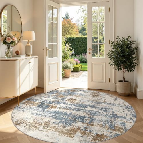 DMOYEST Teppich Rund 200 cm Blau Beige Modern Abstrakt Waschbar – Ansicht 7