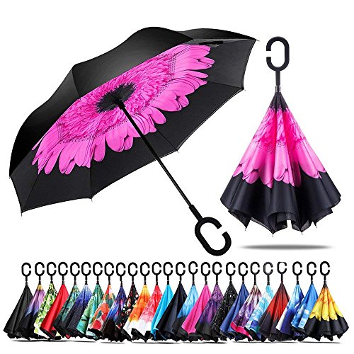 Jooayou Parapluie Inversé, Anti-UV Double Couche Coupe-Vent Parapluie, Mains Libres poignée en Forme C Parapluie (Perilla)