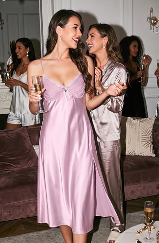 Image of ALCEA ROSEA Women Silk Satin Nightgown Sexy Lace Chemise Lingerie Long Sleepdress for Ladies Sleepwear Slip Negligee