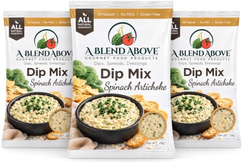 A Blend Above Spinach Artichoke Dip Mix, 3 Packs, 1 oz. Each, Makes 16 Ounces, Gluten-Free, No MSG, All Natural, No Preservatives, Vegan Friendly, Keto Friendly, Vegetable Dip, Chip Dip, Low Carb, Easy to Make