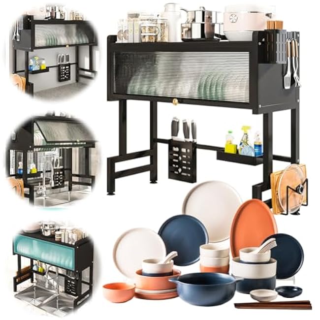 Kitchen Drain Shelf 3-Tier Multi-Functional Kitchen Storage Rack Kitchens Sink Organizer Large Over The Sink Dish Rack with Cover