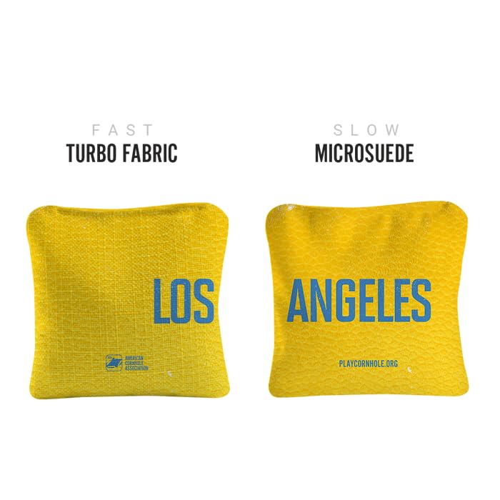 ACA Synergy Pro Dual Sided Cornhole Bags | Los Angeles Yellow Design | Set of (4) All-Weather Resin Filled Stick & Slide Corn Hole Bags