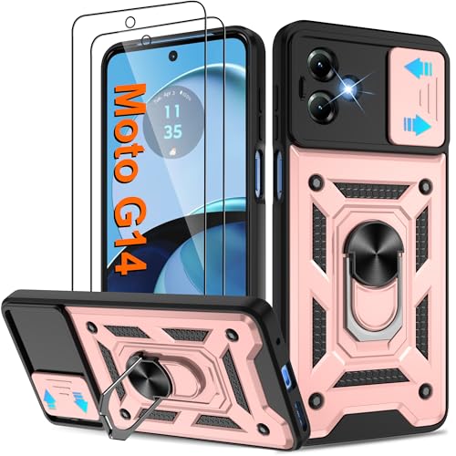 Pilaru Shockproof Case for Motorola G14 Phone Military-Grade Drop Proof Dual-Layer Protective with Camera Slide Cover | Precision Hole Built-in Kickstand & 2 Screen Protectors Rose Gold
