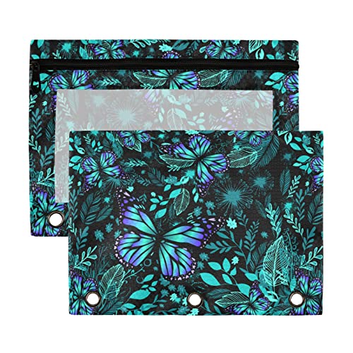 Estuche para lápices de 3 anillos con diseño floral azul con mariposas, paquete de 2 estuches de plástico transparente impermeable con cremallera, organizador de documentos de oficina