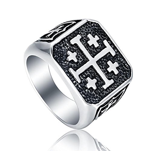 Jerusalem Cross Rings for Men,Mens Stainless Steel Christian Signet Ring,Vintage Silver Catholic Templar Ring in Size 7-152
