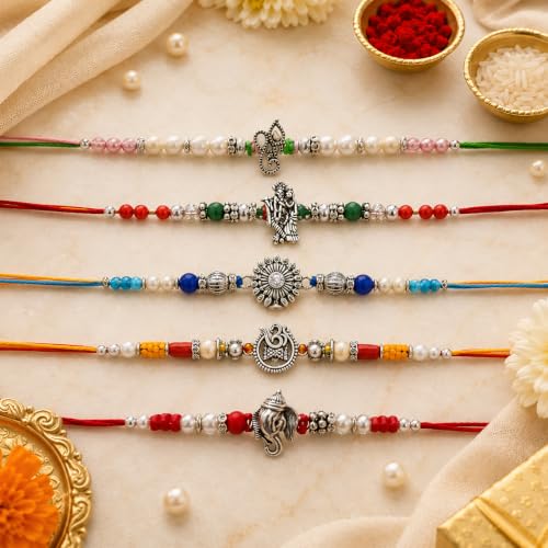 Image of CraftVatika Silver Rakhi Set of 5 for Brother Bhai Men Boy, Rakhis for Rakshabandhan, Ganesha, Radha Krishna Om Religious Silver Rakhi for Brother Rakshabandhan Thread with Best Wishes Card Tilak Set