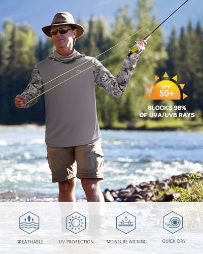 Image of FISHEAL Men's Performance Fishing Hoodie Shirt - UPF 50+ UV Sun Protection Long Sleeve Shirts with Mesh Face Mask