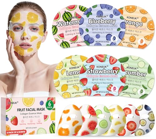 KONEUK 6 Pack Colorful Fruit Face Masks Skincare Sheet Hydrating Face Mask Collagen Facial Mask for Skin Care Spa Birthday Party Supplies Bulk Teacher Gifts Graduation Gifts and Party Favors