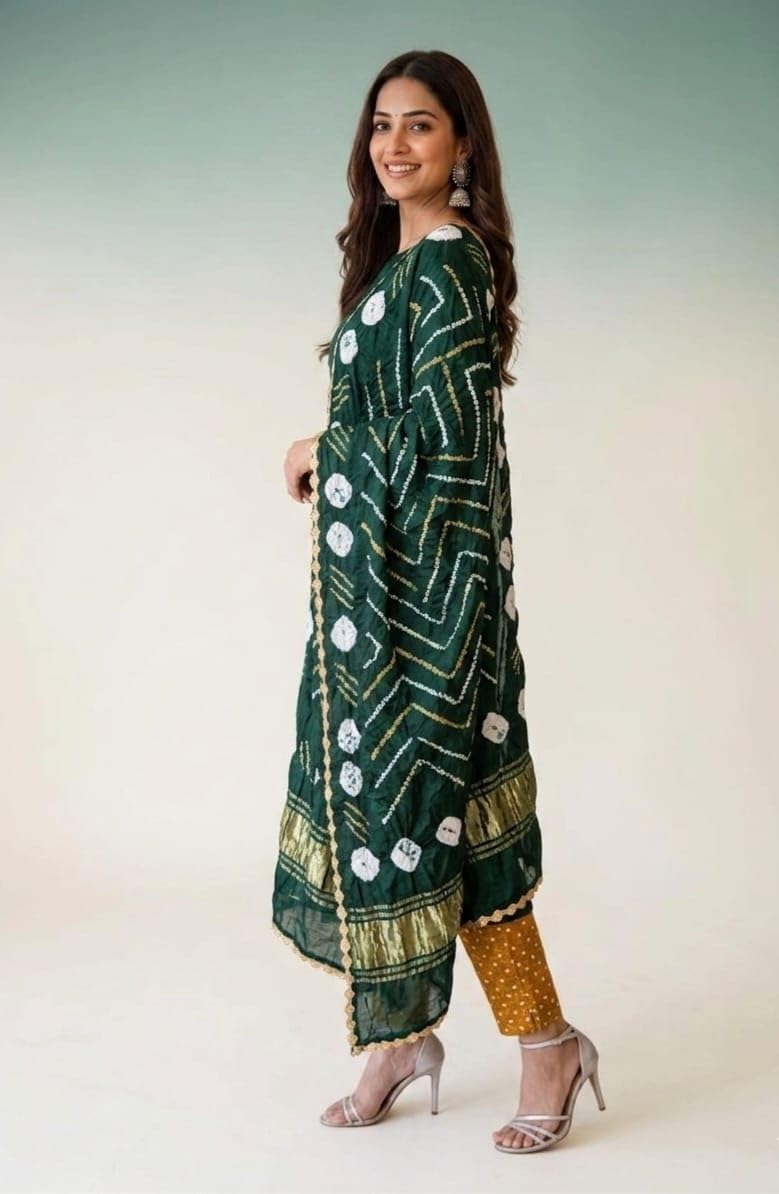 Eddika women's unstitched pure modal silk Shibori with Green and mustard Bandhej 3-piece full suit material set 1