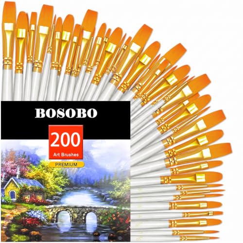 Image of BOSOBO Assorted Nylon Acrylic Artist Paint Brushes Set,White,200 Pcs