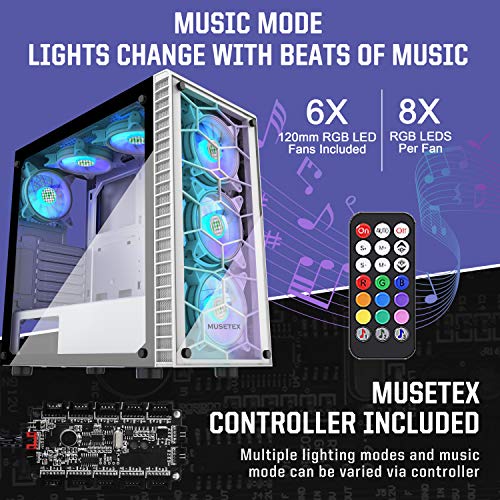 MUSETEX ATX Mid-Tower Computer Gaming Case with 6 PCS × 120mm LED ARGB Fans USB 3.0 Port Tempered Glass PC Chassis(G05MN6-BB)