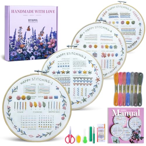 Image of ETSPIL Beginner Embroidery Kit, 4K Video, 4 Floral Patterns, Gift Box | 4 Pre-Printed Wreath Designs. Embroidery Stitch Book Kit, Step-by-Step. 20% Extra Floss. Easy to Start, Relaxing Craft