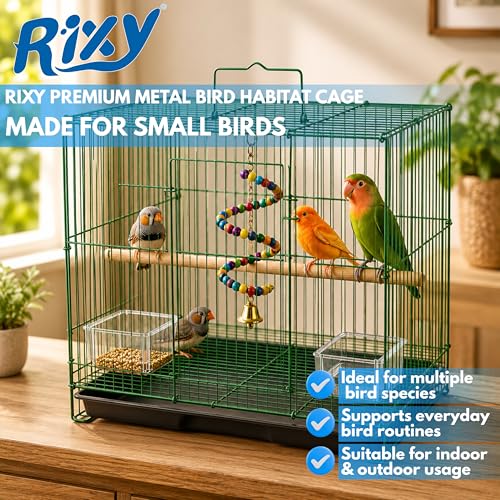 Image of Rixy Metal Bird Cage - 15 inch (1.25 feet) | Habitat Cage with Free Hanging Toy (1) + Perches (1) + Food & Water Feeder Cups (2) for Budgies, Lovebirds, Finches, Canaries & Cockatiel(Colour May Vary)