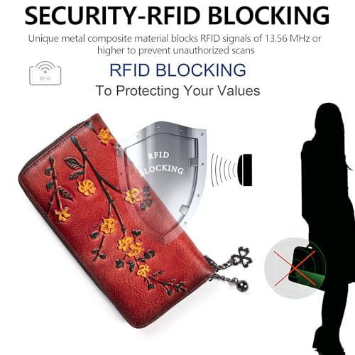 Image of Wallet Genuine Leather for Women - with RFID Blocking Card checkbook ID Slot Large Capacity Vintage style (flower red)