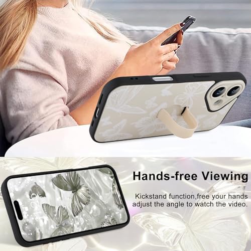 Image of for iPhone 16 Case with Finger Strap Holder, Cute Cool Butterfly Print Pattern Design for Women Men, Shockproof Anti Scratch Hand Kickstand Protective Cover, White