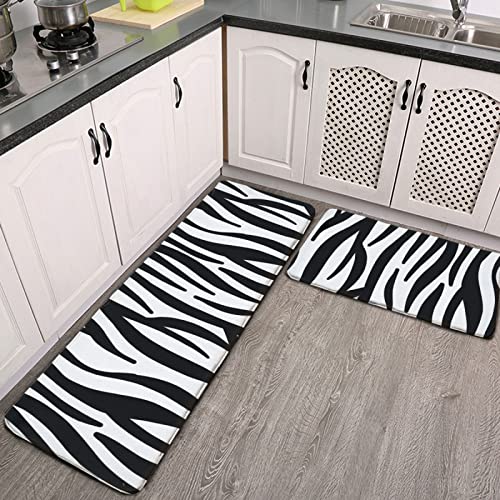YouTary Zebra Print Kitchen Rug Set 2 PCS Floor Mats Washable Non-Slip Soft Flannel Runner Rug Doormat Carpet for Kitchen Bathroom Laundry