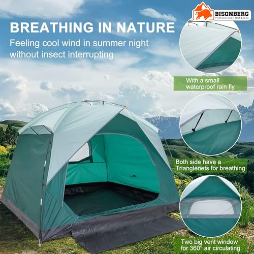 Image of BISONBERG 4-Person Camping Tent, Waterproof PU 1500mm, Breathable with Rain Fly, for Family Outdoor Adventures