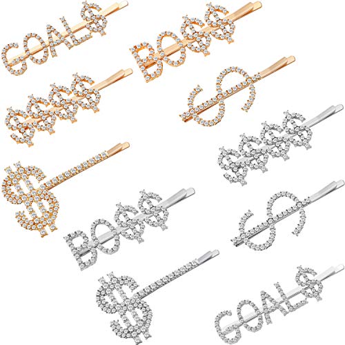 10 Pieces Dollar Sign Hair Pins Letters Bobby Pins Words Rhinestones Hair Clips Bling Crystal Letter Barrettes for Women Girls Hair Accessories (Novelty Style)