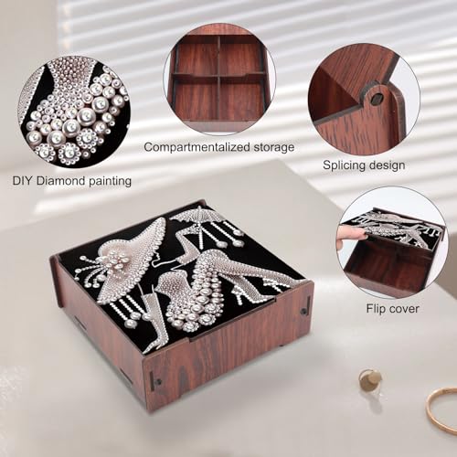 Image of AiYuanzsh DIY Diamond Art Storage Box with Flip-Top Lid, White Pearl Lady Design Wooden Diamond Painting Organizer with 4 Divided Compartments, Portable Desktop Craft Storage for Accessories Supplies