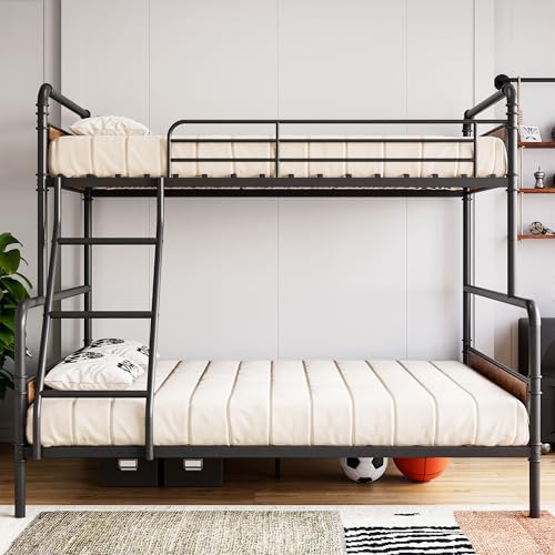 Garvee Bunk Beds Twin Over Full Size, Heavy Duty Bunk Beds with Ladder and Guardrail,Metal Bunk Bed for Kids,Teens,Noise-Free,Black & Brown