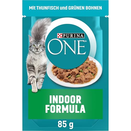 PURINA ONE Indoor Formula Katzenfutter nass, zarte Stückchen in Sauce für Hauskatzen, mit Thunfisch, 26er Pack (26 x 85g)