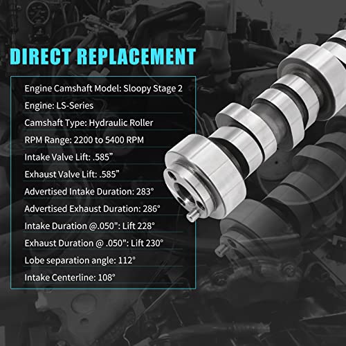 Tektall E-1840-P .585"/.585" Engine Camshaft Sloppy Stage 2, Hydraulic Roller Lift Cam Compatible With 1997-2007 G.m Ls V8 Lsx Silverado Che-Vy L92 L99 5.3L 5.7L 6.0L 6.2L #TOP5