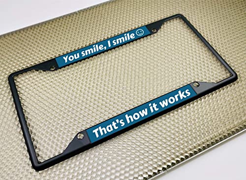 Image of Personalized with Custom Text Design - 4 Hole Black Metal Laser Engraved US Standard Size - Car License Plate Frame with Free caps - Blue /White Text (Qty: 1 Frame)