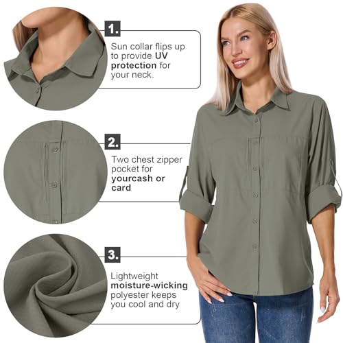 Asfixiado Shirts Damen UV Shirt UPF 50+ Safari Kleidung Wanderbluse Damen Hemdbluse Outdoor Atmungsaktiv Quick Dry Sonnenschutz Langarmshirt Bluse（5087 Grey Green M）