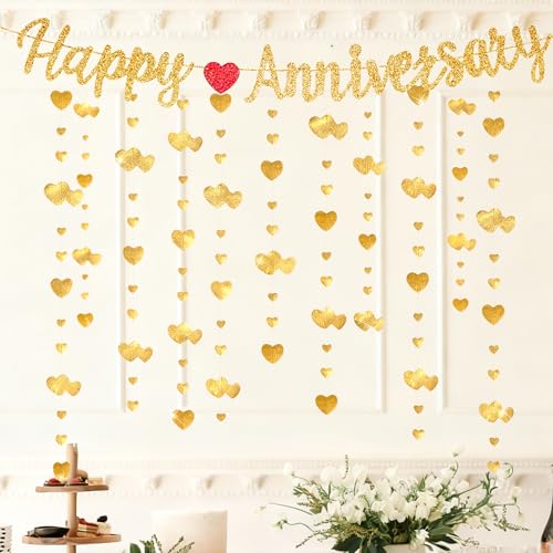 Gold Glitter Happy Anniversary Banner Set Wedding Anniversary Party Decorations with Heart Garland Elegant Hanging Letter Sign Decorations for Couples 25th 50th Celebration Decor