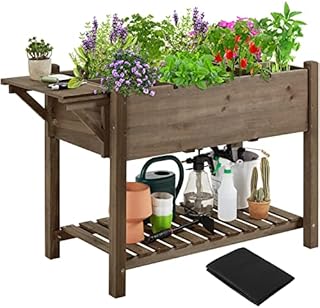 Yaheetech Raised Bed for Garden Wooden Raised Planter with Fabric Liner Raised Garden Bed Elevated Raised Planter Box with Grow Grids Trellis and Storage Bottom Shelf, 123.5 x 54 x 80cm