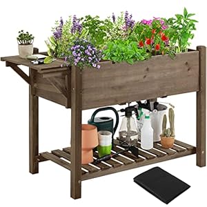 Yaheetech Verhoogd bloembed van hout, plantentrap met opbergvak, bloembak voor tuin/terras/balkon, kruidenbed kweekbed voor het beplanten, 123 x 54 x 80 cm