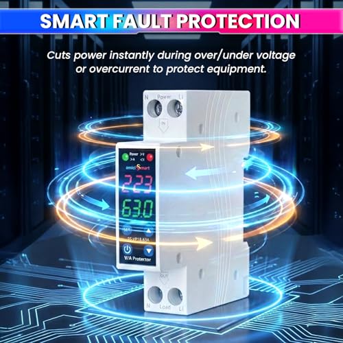 Image of amiciSmart 63A Adjustable Digital Voltage Protector with Dual Display | 18mm Ultra-Compact Over /Under Voltage & Over Current Protection | Auto Recovery | Single Phase | 230VAC (13.8kW)