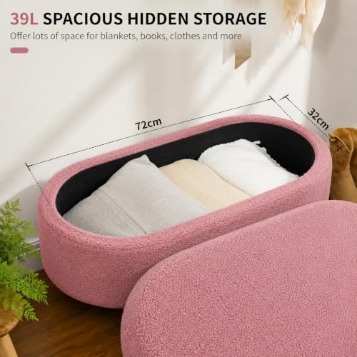 Image of Upholstered Ottoman Storage Bench, Premium Boucle Fabric, Heavy Duty 120 Kg Load Capacity, Multipurpose Seating for Living Room & Bedroom, Pink
