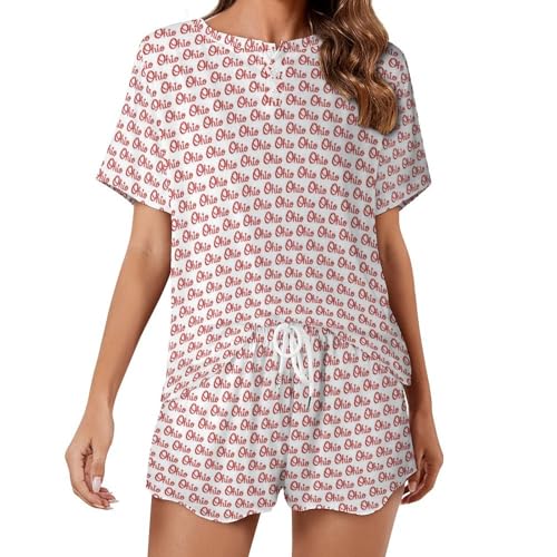 Pajamas for Women Short Sleeve Womens Ohio Map State Flag Pj Set Comfy 2 Piece Sleepwear Silk Satin Round Neck Lounge Set M
