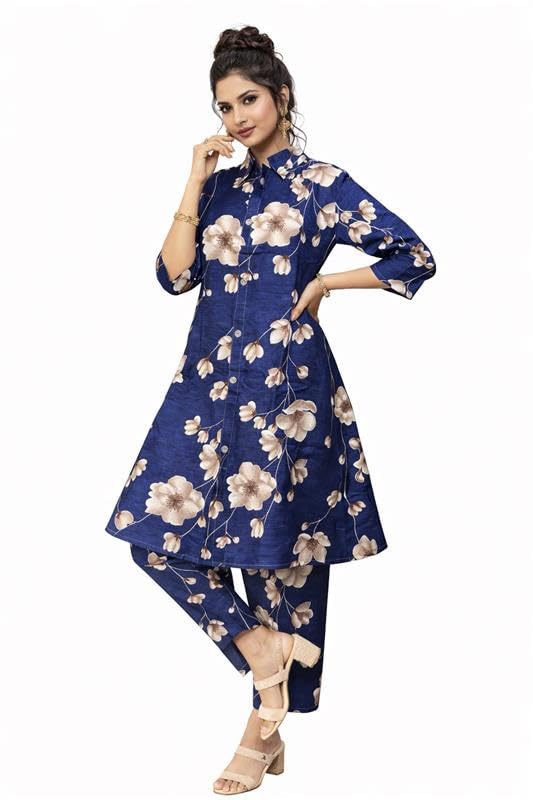 Elegant Women’s Pure Cotton NavyBlue Printed Floral Kurta Pant Co‑Ord Set – L-image-40