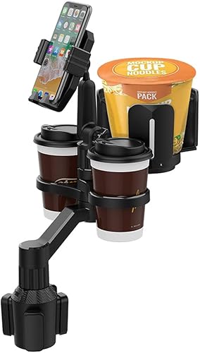 Expansor de coche 4 en 1 con soporte de doble taza, soporte para teléfono, base ajustable 360, organizador multiusos para botellas de aperitivos,