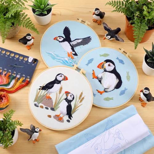 Image of Mindsoft 3 Set Needlepoint Kit for Beginners with Hoop,Sea Bird