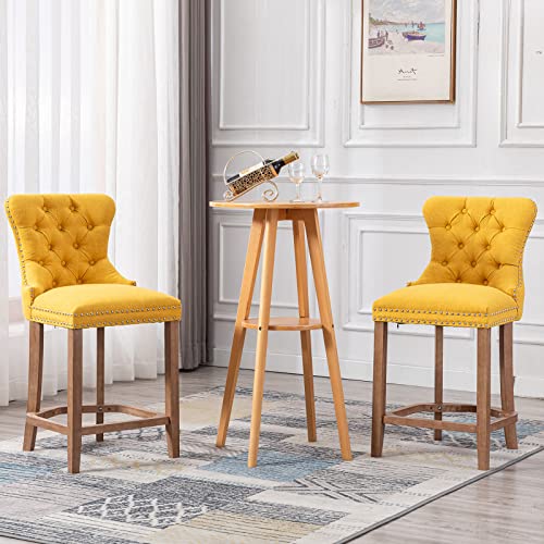 Vescasa Linen 27" H Counter Height Bar Stools Set Of 2 With Tufted Back, Modern Nailhead Trim Upholstered Barstools With Pull Ring, Armless Kitchen Stool With Wood Frame For Kitchen/ Bar, Yellow #TOP1