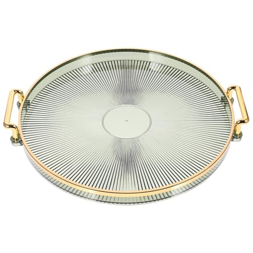 TEHAUX 金縁付きラウンドプラスチックトレイ 透明ストライプデザイン 大容量多用途トレー 来客用受け皿 デスク整理や果物 香水 再利用可能