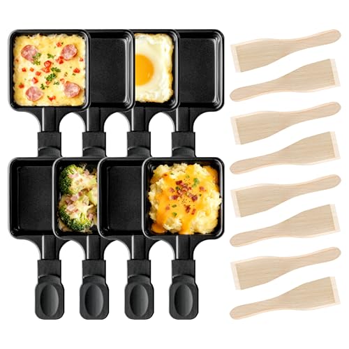 Kosmosta 8er Set quadratische Raclette-Pfannen mit Holzspateln Antihaft-Eisenpfannen Mini-Käsegrill Ersatzteile für Raclette Tischgrill-Party
