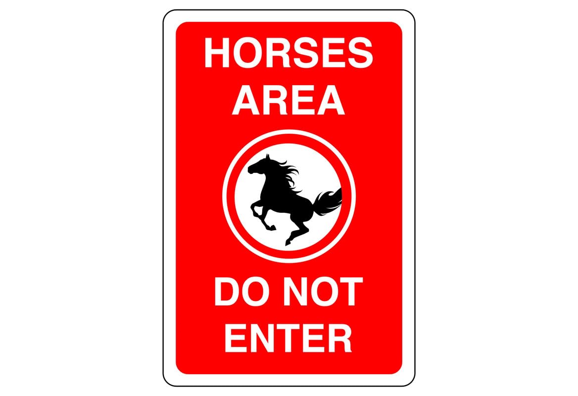 Safety First Display LTD Horses area do not enter sign - 1.2mm Rigid plastic for indoor/outdoor usage (300mm x 200mm) Viewing Distance within 7m.