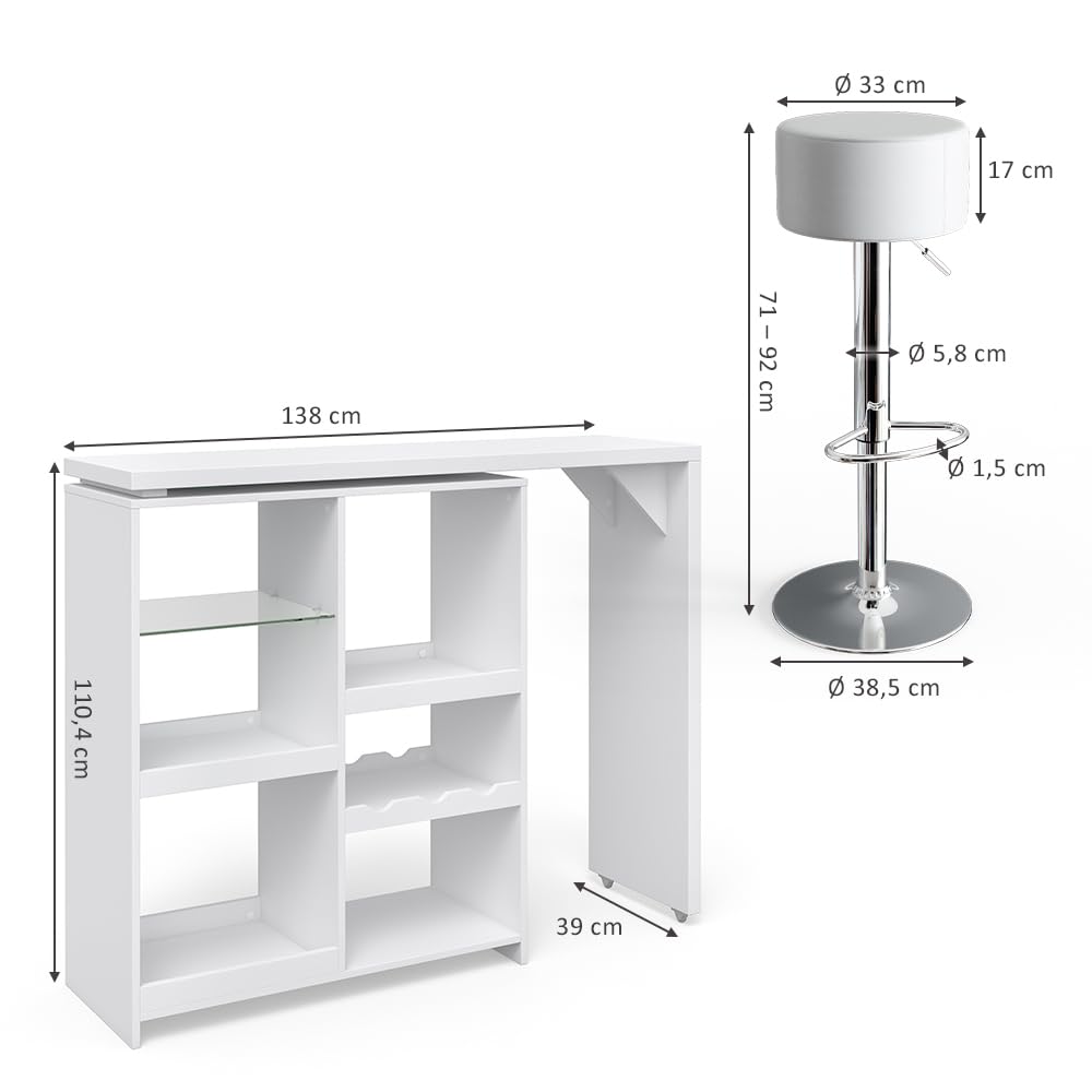 Vicco Set de Mesa de Bar Vega, Blanco, 138 x 39 cm con 2 taburetes de Bar, Plegable con estantes Abiertos para Almacenamiento