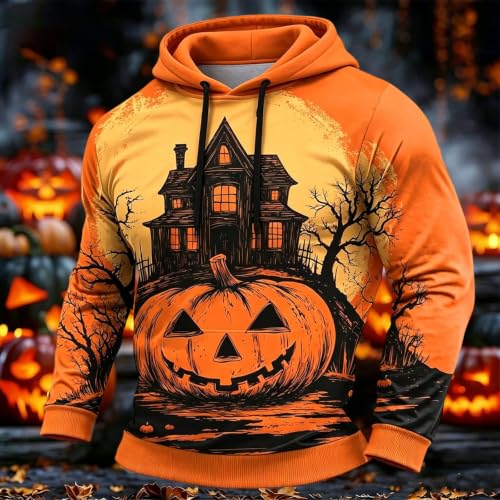 Halloween Mens Hoodies Spooky Castle Pumpkin Print Hoodie Casual Long Sleeve Funny Pullover Sweatshirt Orange - image 2