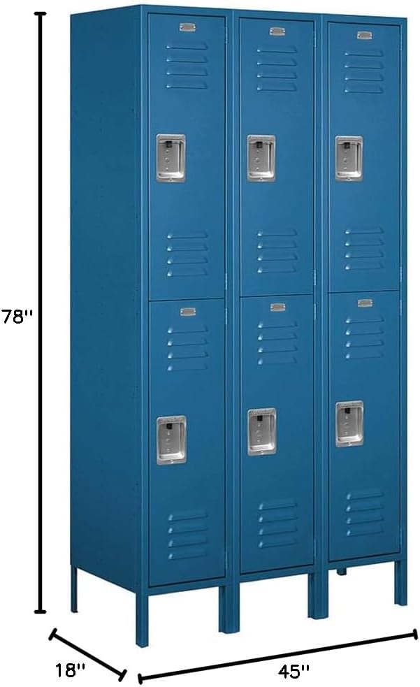 Salsbury Industries Assembled 2-Tier Extra Wide Standard Metal Locker with Three Wide Storage Units, 6-Feet High by 18-Inch Deep, Blue