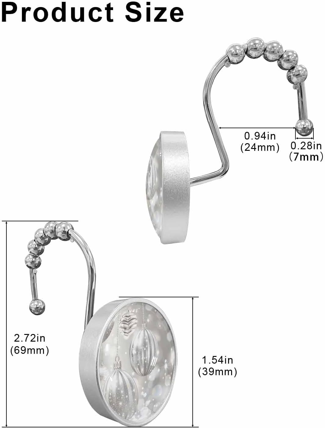 Shower Curtain Hooks 12 Pcs Christmas Gray Xmas Balls Stainless Steel Rust Proof Rolling Shower Curtain Rings, Decorative Shower Curtain Hooks Hangers for Bathroom