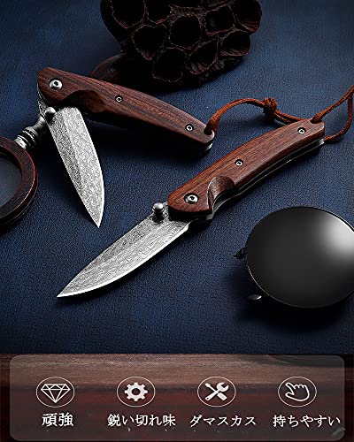 Dcenrun フォールディングナイフ フィッシングナイフ 【Garuda・ガルーダ】 67層ダマスカス折りたたみナイフ 高級手作り専用革製鞘付き 7枚目